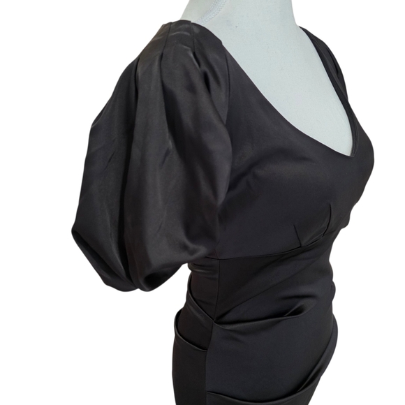 NWT Cache Satin Elegant Black Puff Sleeve Midi Dress Size 6 - Picture 3 of 10